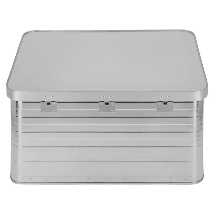 Wisent Aufbewahrungs- & Transportbox - Fassungsvermögen: 80 l - Bild eines silbernen, faltbaren Campingtisches mit Aluminiumrahmen und stabilen Scharnieren. Ideal für Outdoor-Aktivitäten.