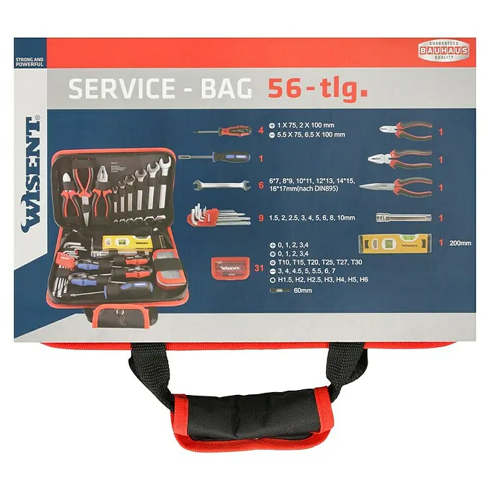 Wisent Werkzeugkoffer Servicebag - L x B x H: 340 x 230 x 74 mm, 56 -tlg. - Abbildung einer WISENT Werkzeugtasche mit 56 Teilen, ideal für Servicearbeiten, mit robustem Design und Bauhaus-Qualität.