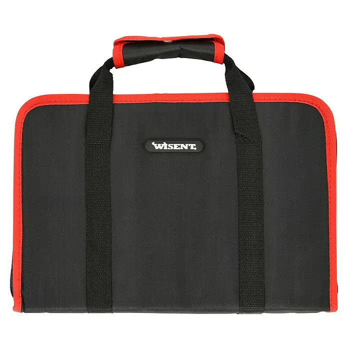 Wisent Werkzeugkoffer Servicebag - L x B x H: 340 x 230 x 74 mm, 56 -tlg. - Abbildung einer Werkzeugtasche von Wisent mit roten Akzenten und Tragegriffen. Ideal für Handwerker und Heimwerker zur Aufbewahrung von Werkzeugen.