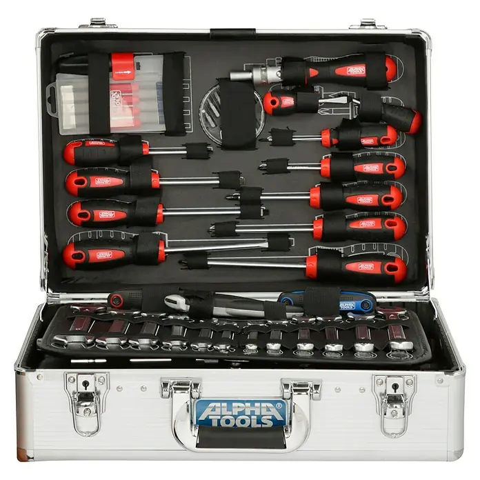 Alpha Tools Werkzeugkoffer Big Box - L x B x H: 450 x 305 x 167 mm, 119 -tlg. - Silberner Werkzeugkoffer von Alpha Tools geöffnet, gefüllt mit Schraubenziehern und Steckschlüsseln.