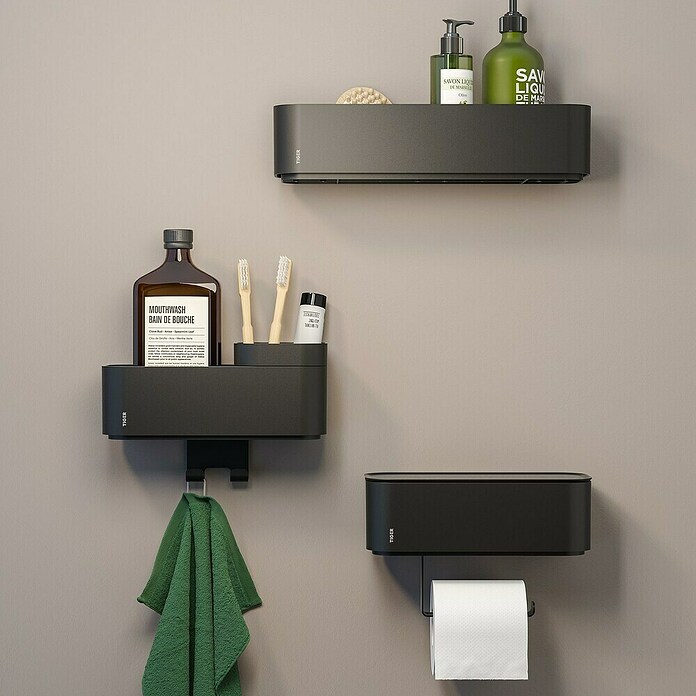 Tiger Doucherek met haak en houder 2-Store (10,8 x 24,9 x 15,7 cm, Zwart) | BAUHAUS