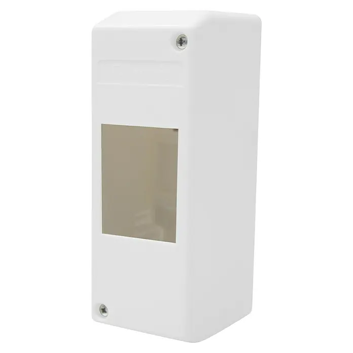F-tronic Automatenkasten - Anzahl Reihen: 1 Stk., 5 x 6,5 cm, Weiß, Anzahl Module: 2 Stk. - Nahaufnahme eines weißen, rechteckigen Gehäuses mit einem transparenten Fenster und sichtbaren Schrauben.