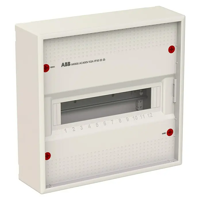 ABB - Striebel & John Aufputz-Verteiler AK612N2 + Tür AZT610 - Anzahl Reihen: 1 Stk., 33,9 x 32,8 cm, Weiß, RAL 9016 - ABB AK600 Verteilerkasten, AC400V, 63A, IP30, mit 12 Modulen. Ideal für die sichere Elektroinstallation im Innenbereich.