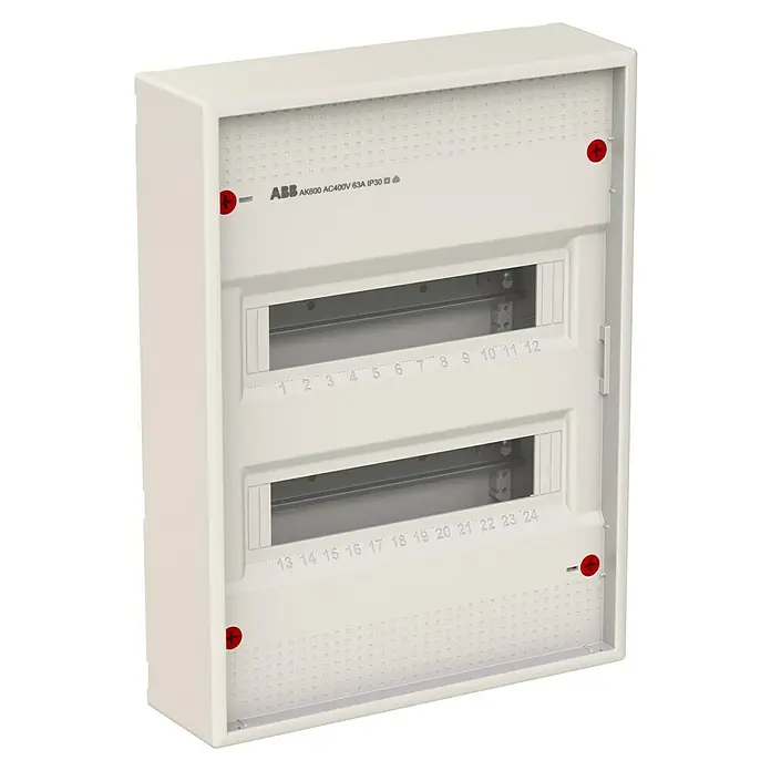 ABB - Striebel & John Aufputz-Verteiler AK624N3 + Tür AZT620 - Anzahl Reihen: 2 Stk., 33,9 x 45,3 cm, Weiß, RAL 9016 - Einbauschrank AK600 von ABB, AC400V, 63A, Schutzart IP30. Verteilerkasten mit zwei Reihen für modulare Installationen.