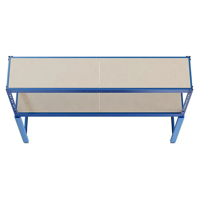 Regalux Schwerlastregal - H x B x T: 180 x 240 x 50 cm, Traglast pro Boden: 300 kg, Anzahl Böden: 2 Stk., Stecken, Blau - Ein zweistufiges blaues Regal mit hellbraunen Regalböden, aufgenommen aus einer hohen, zentrierten Perspektive.