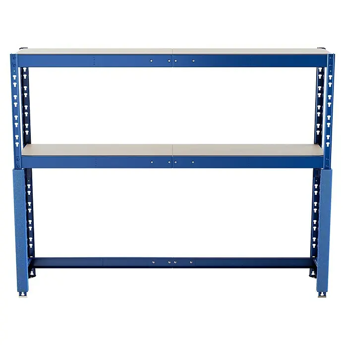 Regalux Schwerlastregal - H x B x T: 180 x 240 x 50 cm, Traglast pro Boden: 300 kg, Anzahl Böden: 2 Stk., Stecken, Blau - Eine blaue Werkbank mit zwei Regalböden und schwarzem Hintergrund zur Präsentation von Werkzeugen oder als Arbeitsfläche.