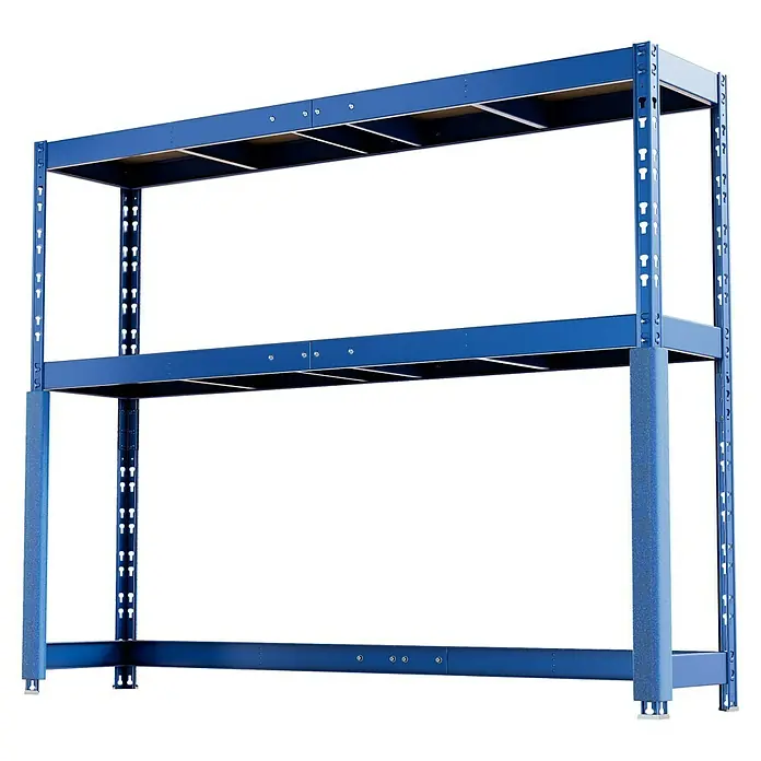 Regalux Schwerlastregal - H x B x T: 180 x 240 x 50 cm, Traglast pro Boden: 300 kg, Anzahl Böden: 2 Stk., Stecken, Blau - Ein blaues, dreistöckiges Metallregal mit Holzablagen präsentiert eine robuste und vielseitige Lösung für Lager- und Ausstellungszwecke.