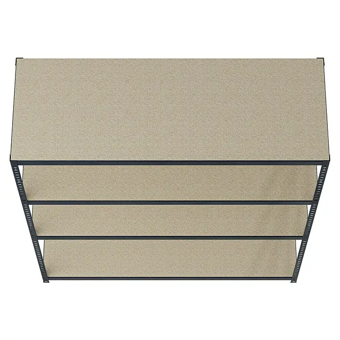 Regalux Schwerlastregal R250 - H x B x T: 180 x 160 x 60 cm, Traglast pro Boden: 250 kg, Anzahl Böden: 4 Stk., Stecken, Grau - Ansicht von oben auf ein schwarzes Regal mit vier Regalböden in Beige. Perfekt für die Aufbewahrung und Organisation von Gegenständen.