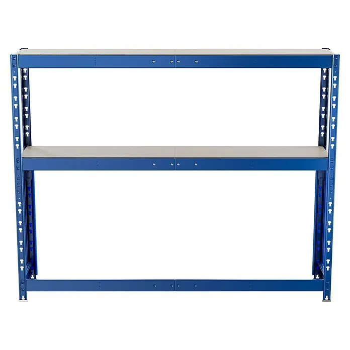 Regalux Schwerlastregal - H x B x T: 180 x 240 x 50 cm, Traglast pro Boden: 300 kg, Anzahl Böden: 2 Stk., Stecken, Blau - Dieses Bild zeigt ein blaues, zweistufiges Schwerlastregal mit hellen Einlegeböden, ideal für Werkstatt oder Lager.