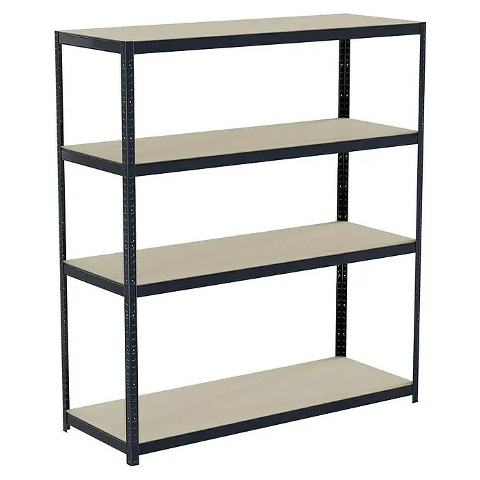 Regalux Schwerlastregal R250 - H x B x T: 180 x 160 x 60 cm, Traglast pro Boden: 250 kg, Anzahl Böden: 4 Stk., Stecken, Grau - Ein Regal mit vier Ablagen. Das Regal hat ein Gestell aus schwarzem Metall und Ablagen aus hellem Holzwerkstoff. Ideal für die Aufbewahrung.