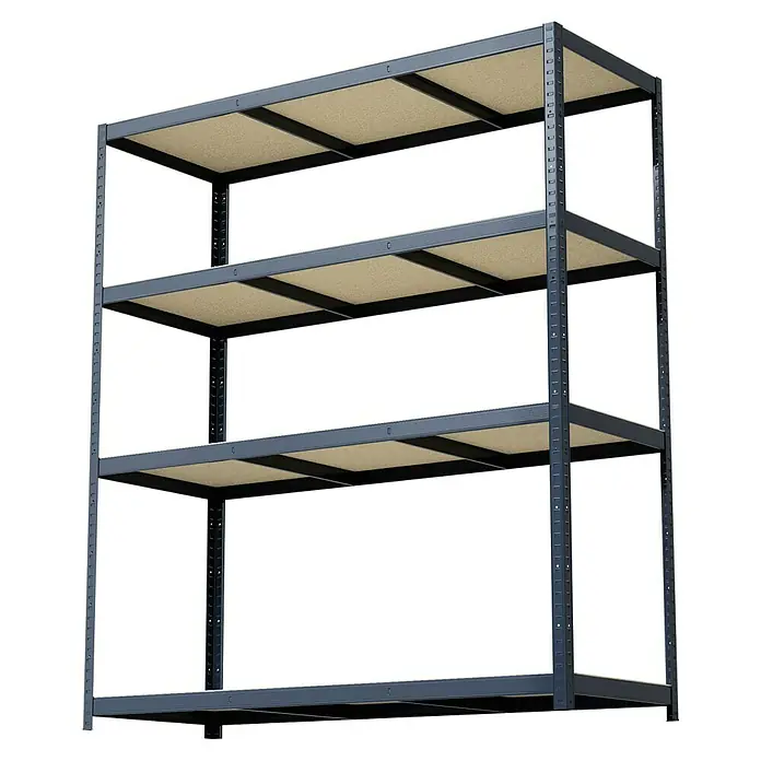 Regalux Schwerlastregal R250 - H x B x T: 180 x 160 x 60 cm, Traglast pro Boden: 250 kg, Anzahl Böden: 4 Stk., Stecken, Grau - Nahaufnahme eines Regals mit vier Ebenen und einem stabilen Metallrahmen. Die Regalböden sind aus hellem Holzwerkstoff gefertigt.
