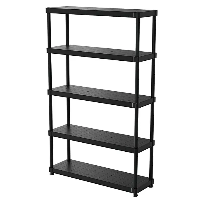 Regalux Kunststoffregal - H x B x T: 187 x 120 x 40 cm, Traglast pro Boden: 70 kg, Anzahl Böden: 5 Stk., Stecken, Schwarz - Abbildung eines schwarzen Kunststoffregals mit fünf Ablagen, ideal für Lagerung und Organisation im Haushalt. Robust und einfach zu montieren.