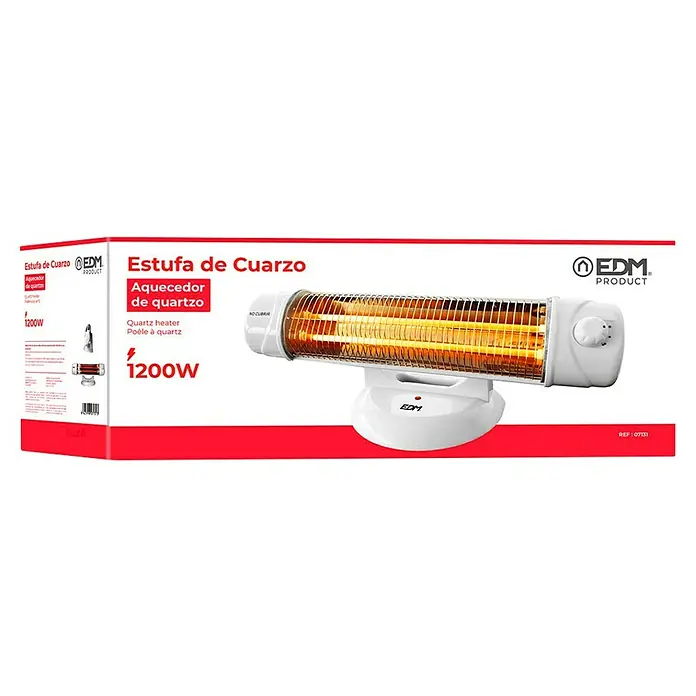 Estufa de cuarzo con dos barras - 20 x 55,5 x 15 cm, 600 W, Blanco - Imagen de un calefactor de cuarzo de EDM Product en su embalaje. El calefactor es blanco y tiene un botón de control para ajustar la configuración.