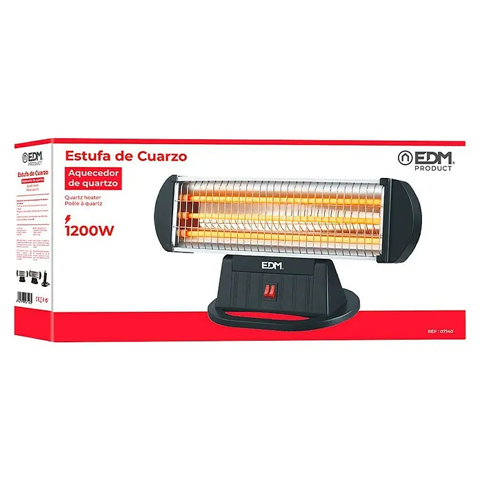 Estufa de cuarzo con tres barras - 19,5 x 50,5 x 24,5 cm, 400 W, Negro - Esta es una imagen de un calentador de cuarzo EDM de 1200W en su embalaje del producto.