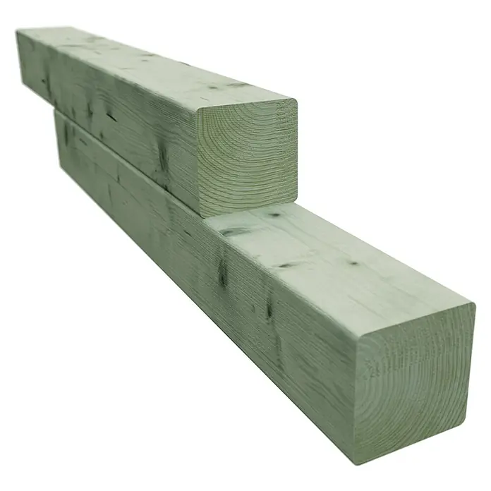 Holzpfosten - 90 x 90 x 1.000 mm, Kiefer, Kesseldruckimprägniert - Dieses Bild zeigt zwei quadratische, übereinanderliegende Holzpfosten, die als Bauholz verwendet werden können.