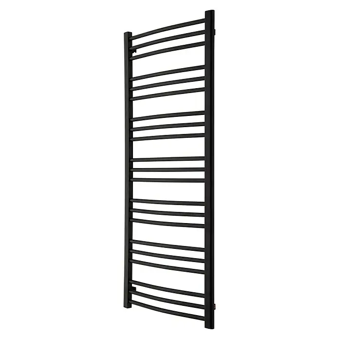 TVS Design Badheizkörper Nemo 21-600 - B x H: 610 x 1.400 mm, Wärmeleistung bei Vorlauftemperatur von 75 °C (D: 50): 326 W, Schwarz - Nahaufnahme eines modernen, schwarzen Handtuchwärmers mit horizontalen Stäben, ideal für jedes Badezimmerdesign.