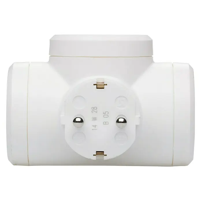 Legrand Ladrón triple - Blanco - Primer plano de un adaptador de enchufe múltiple blanco con dos enchufes Schuko y un enchufe europeo, ideal para uso en interiores.