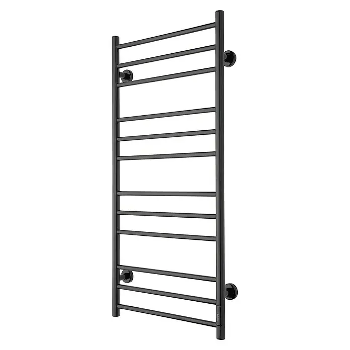 TVS Design Elektro-Badheizkörper Eldo 12L - B x H: 530 x 1.160 mm, Mit Thermostat und Timer, Schwarz - Schwarzer beheizter Handtuchhalter mit horizontalen Stangen für Badezimmer mit minimalistischem Design. Ideal zum Trocknen von Handtüchern.