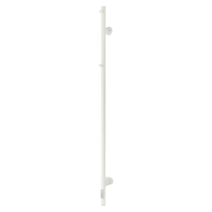 TVS Design Elektro-Badheizkörper Eldo 1 - B x H: 600 x 1.400 mm, Mit Thermostat und Timer, Weiß - Nahaufnahme einer weißen Duschstange mit Halterungen, ideal für moderne Badezimmer. Elegantes Design für Komfort und Stil beim Duschen.