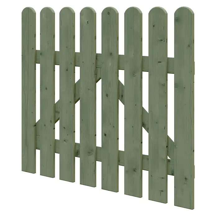 Staketenzaun-Gartentor - 100 x 85 cm, Ohne Beschläge, Grün - Nahaufnahme eines Gartenzauns aus hellem Holz. Der Holzzaun ist detailreich und zeigt die natürliche Maserung des Holzes.