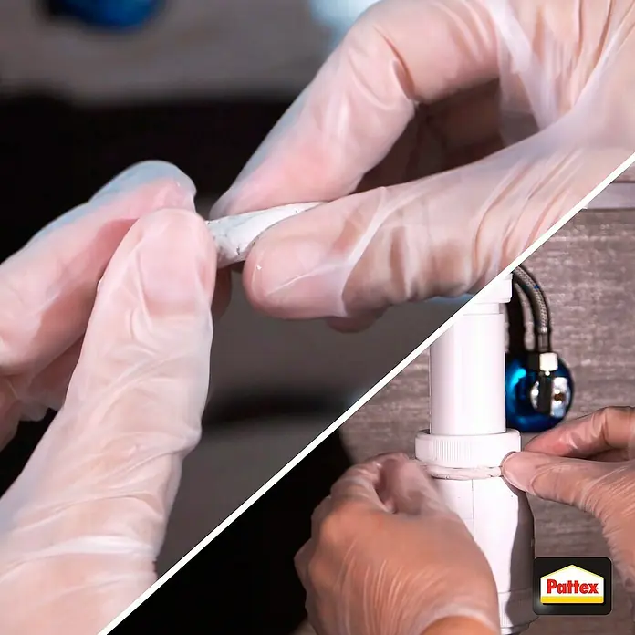 Pattex Kontaktkleber Repair Express - 5 g - Verwendung von Pattex Reparatur Knete zur Abdichtung eines Waschbeckenablaufs, gezeigt in zwei verschiedenen Schritten des Prozesses.
