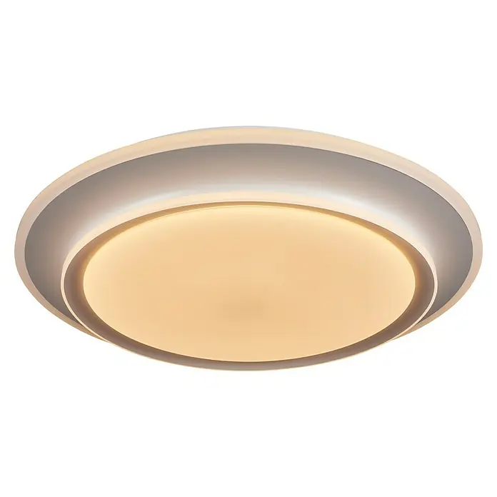 MegaLight LED-Deckenleuchte rund Galatea - 45 W, Ø x H: 50 x 7,5 cm, Weiß, Mehrfarbig - Nahaufnahme einer modernen, runden LED-Deckenleuchte mit sanftem, warmem Licht und einem eleganten, zweistufigen Design.