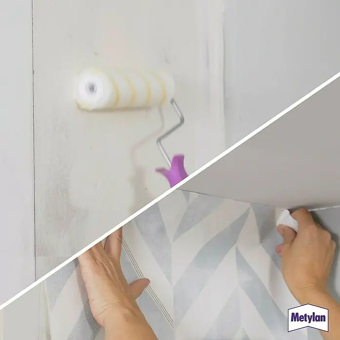 Metylan Tapetenkleister Vlieskleister - 180 g - Das Bild zeigt die Vorbereitung und Anbringung einer Metylan-Tapete, inklusive Grundierung und Anbringen an der Wand.