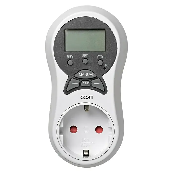 Coati Temporizador / Programador Digital AF13266 - Digital, 16 A - Enchufe temporizador digital COATI blanco con pantalla LCD y botones para programar los horarios de encendido/apagado.