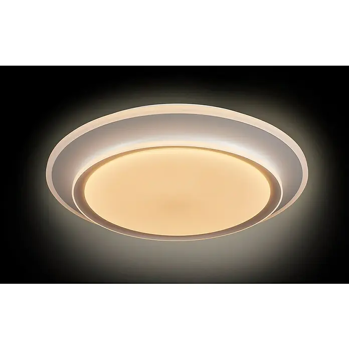 MegaLight LED-Deckenleuchte rund Galatea - 45 W, Ø x H: 50 x 7,5 cm, Weiß, Mehrfarbig - Nahaufnahme einer modernen, runden LED-Deckenleuchte mit einem weißen Rahmen und warmem Licht, ideal für stilvolle Innenräume.