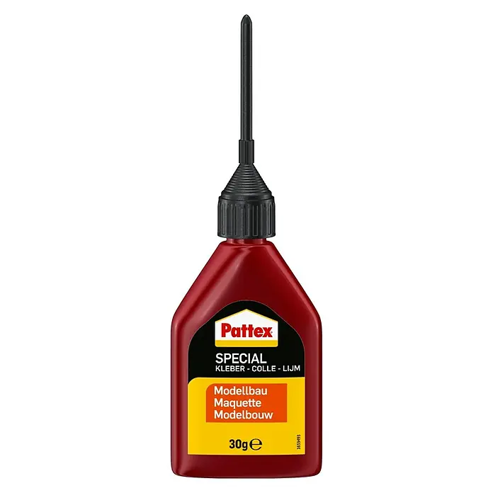 Pattex Spezialkleber Modellbau - 30 g - Eine Flasche Pattex Modellbau Spezialkleber (30g) mit schwarzer Spitze. Ideal für präzise Modellbauarbeiten.