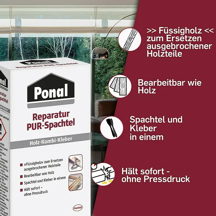 Ponal Spezialkleber Reparatur-PUR-Spachtel - Beige, 177 g - Produktbild von Ponal Reparatur PUR-Spachtel, einem Holz-Kombi-Kleber für Reparaturen und Ausbesserungen im Innen- und Außenbereich.