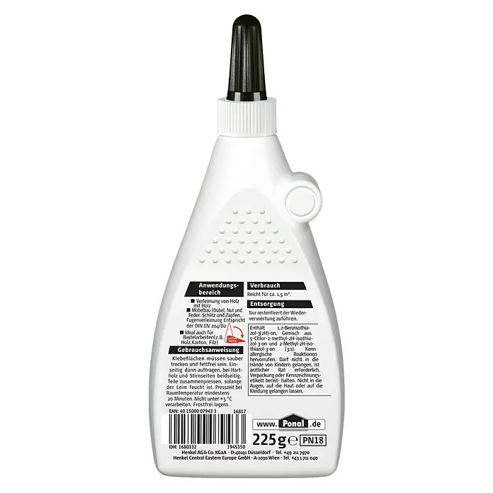 Ponal Holzleim Classic - 225 g, Lösemittelfrei - Produktfoto von Ponal Holzleim, 225g Flasche. Geeignet für Holzverklebung, Möbelbau und Bastelarbeiten. Enthält Warnhinweise zur sicheren Verwendung.