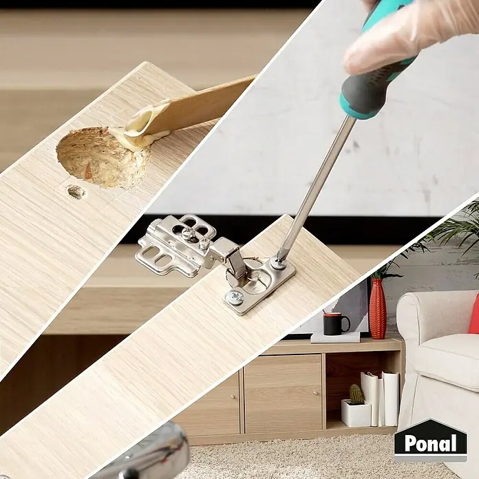 Ponal Spezialkleber Reparatur-PUR-Spachtel - Beige, 177 g - Ein Montagebild, das die Verwendung von Ponalleim und Befestigungsmaterialien für ein Scharnier an einer Möbeltür zeigt.