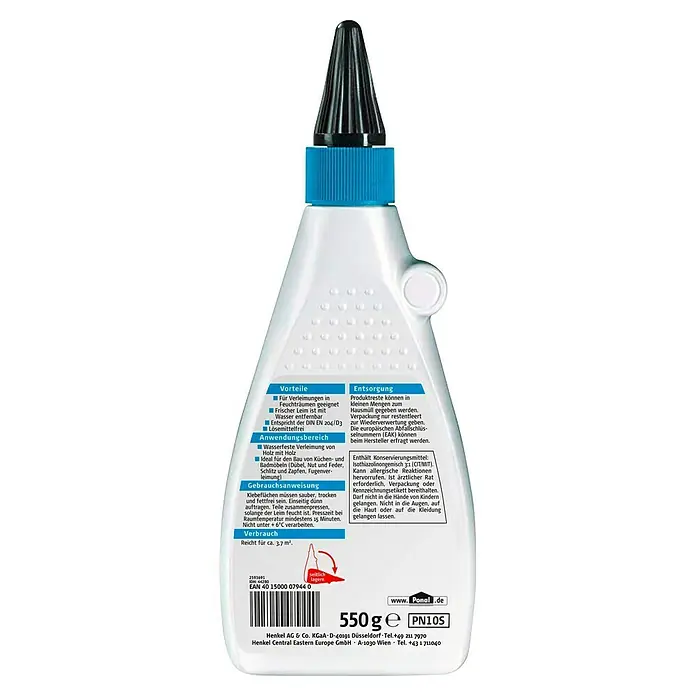 Ponal Holzleim Wasserfest - 550 g, Lösemittelfrei - Rückseite einer weißen Flasche PONAL PN10S Holzleim mit blauem Verschluss und schwarzer Spitze, mit Informationen zu Vorteilen und Verwendung.