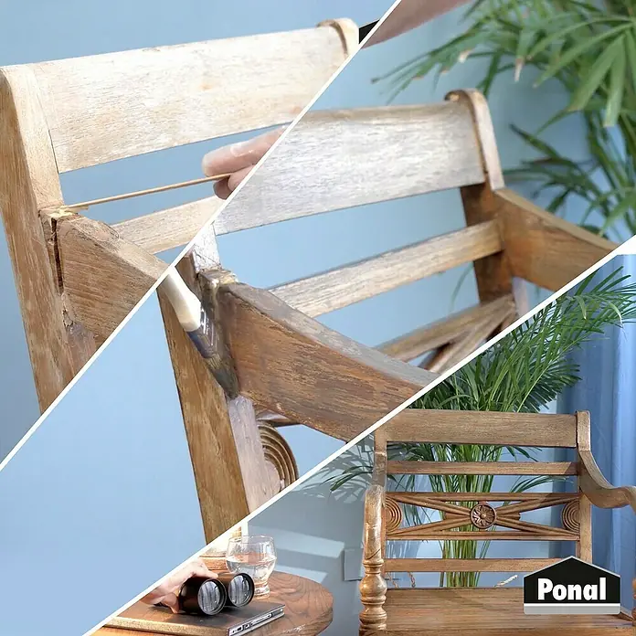 Ponal Spezialkleber Reparatur-PUR-Spachtel - Beige, 177 g - Detailansicht eines Holzstuhls, der mit Ponalleim restauriert wird, um die Schönheit und Haltbarkeit des Möbelstücks wiederherzustellen.