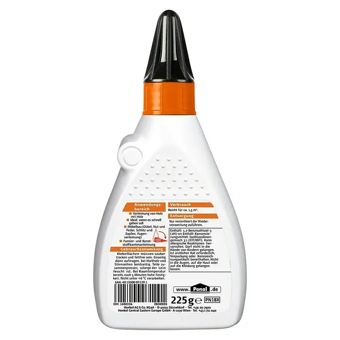 Ponal Holzleim Express - 225 g, Lösemittelfrei - Produktansicht: Ponal Holzleim für Holzverleimung, Möbelbau und Furnierarbeiten, 225g Flasche mit praktischem Dosierkopf für präzise Anwendung.