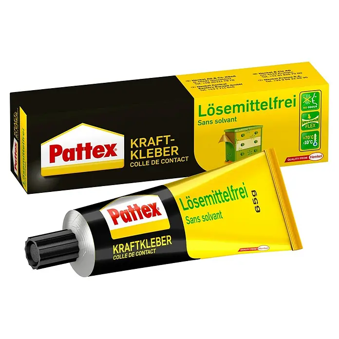 Pattex Kraftkleber Lösemittelfrei - 65 g, Tube - Eine Packung und eine Tube Pattex Kraftkleber lösemittelfrei. Ideal für Heimwerker- und Reparaturarbeiten, die eine starke und dauerhafte Verbindung erfordern.