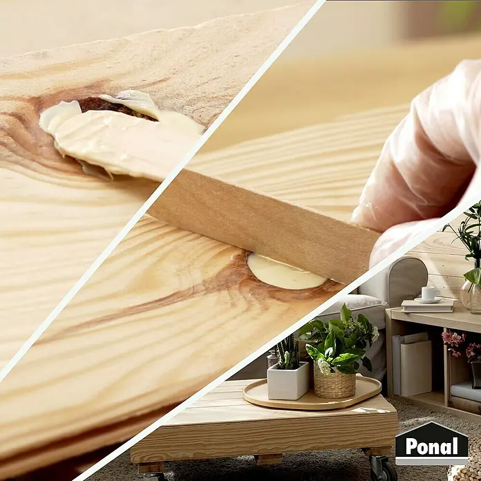 Ponal Spezialkleber Reparatur-PUR-Spachtel - Beige, 177 g - Die Abbildung zeigt die Anwendung von Ponal Holzleim zum Ausbessern von Holz, ideal für DIY-Projekte und Reparaturen im Haushalt.
