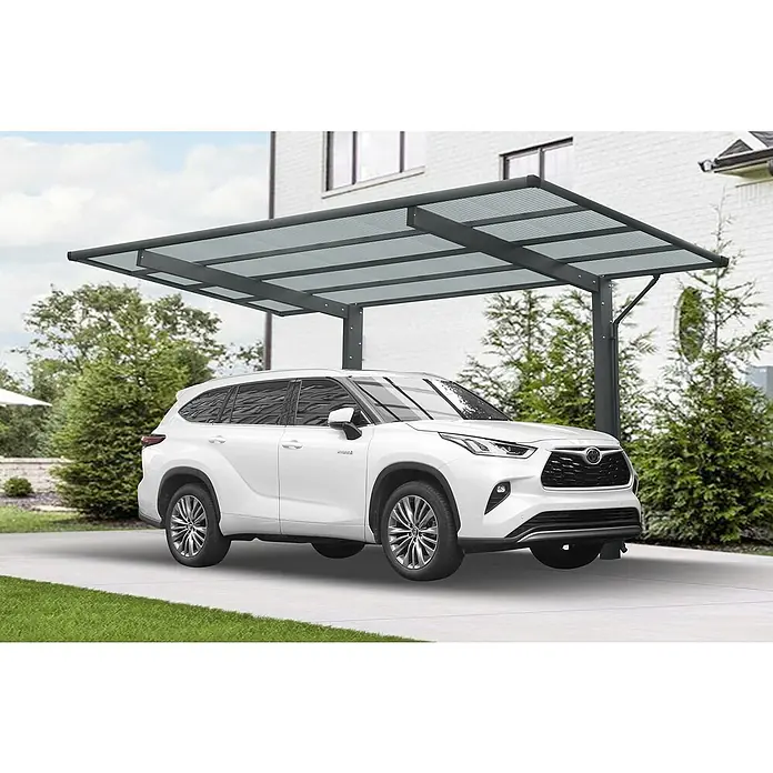 Ximax Carport - Einzelcarport, Anthrazit - Das Bild zeigt ein weißes Auto, das unter einem modernen Carport geparkt ist, der Schatten und Schutz bietet.