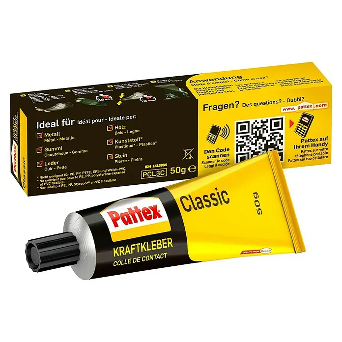 Pattex Kontakt Kraftkleber Classic - 50 g, Tube - Pattex Classic Kraftkleber Tube und Verpackung. Ideal für Metall, Gummi, Leder, Holz und mehr. Mit QR-Code zum Scannen.