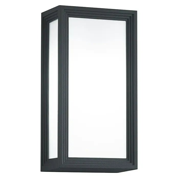 Trio Lighting Aplique de pared LED Timok - 6 W, L x An x Al: 10 x 15 x 28 cm, Negro, Blanco cálido - Primer plano de una lámpara de pared rectangular para exteriores con marco gris y difusor blanco rectangular para iluminación moderna.