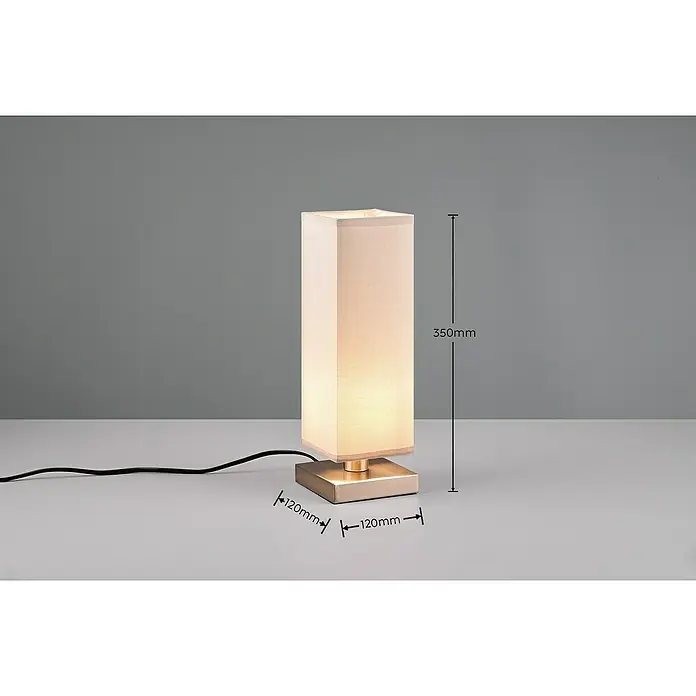 Lámpara de sobremesa decorativa Touch - 60 W, L x An x Al: 12 x 12 x 35,5 cm, Níquel satinado, Gris, E14 - Primer plano de una lámpara de mesa moderna con pantalla rectangular y base cuadrada, las dimensiones se indican en la imagen.
