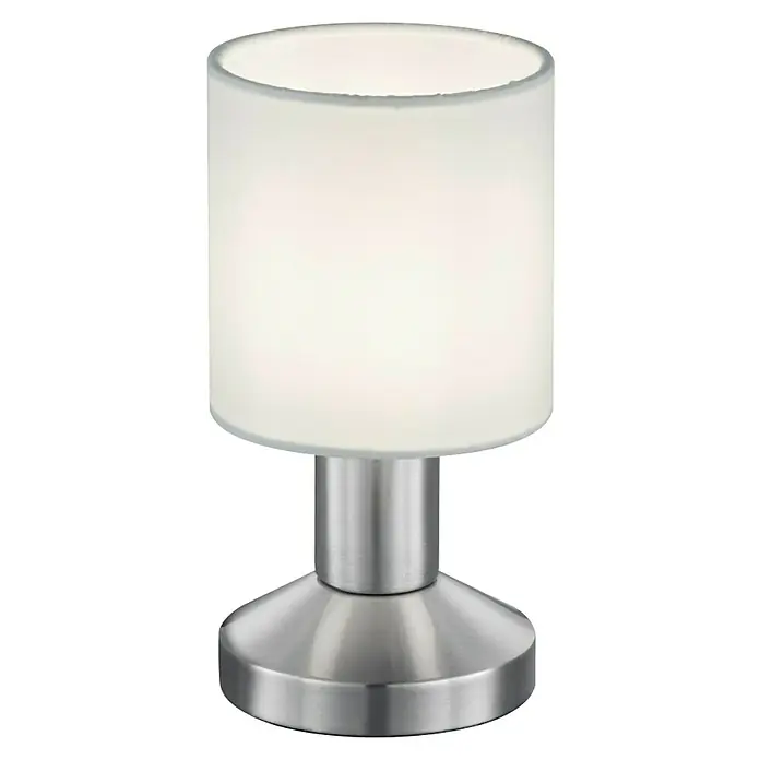 Trio Lighting Lámpara de sobremesa Garda - 25 W, L x An x Al: 9,5 x 9,5 x 18 cm, Blanco, E14 - Una lámpara de mesa moderna con una pantalla cilíndrica y una base de metal cepillado, creando un ambiente acogedor.
