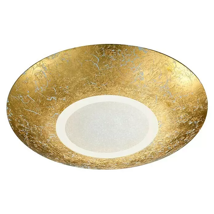 Reality Leuchten LED-Deckenleuchte rund Chiros - 15,5 W, Ø x H: 320 mm x 6 cm, Gold, Klar, Warmweiß - Ovale Deckenleuchte mit strukturierter Blattgold-Oberfläche und weißem transluzentem Diffusor.