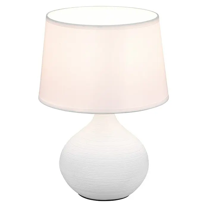Trio Lighting Lámpara de sobremesa Martin - 40 W, L x An x Al: 20 x 20 x 29 cm, Blanco, E14 - Primer plano de una lámpara de mesa blanca con pantalla de tela, perfecta para mesitas de noche o salones.