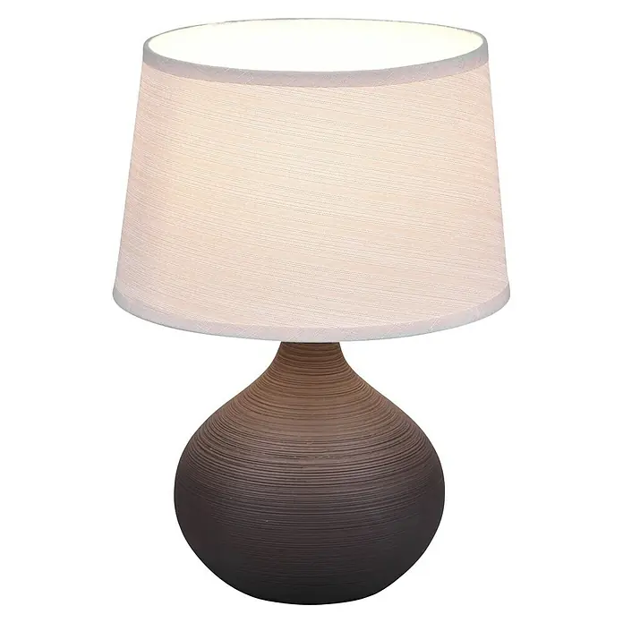Trio Lighting Lámpara de sobremesa Martin - 40 W, L x An x Al: 20 x 20 x 29 cm, Negro, E14 - Elegante lámpara de mesa con base de cerámica marrón y pantalla de tela clara, que proporciona una luz cálida. Perfecta para mesita o salón.