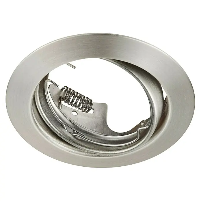 Trio Lighting Foco empotrable Jura - 15 W, GU10, Níquel mate, Diámetro: 8,3 cm - Primer plano de un borde de luz empotrada redonda de níquel cepillado con mecanismo de resorte para una fácil instalación en el techo.
