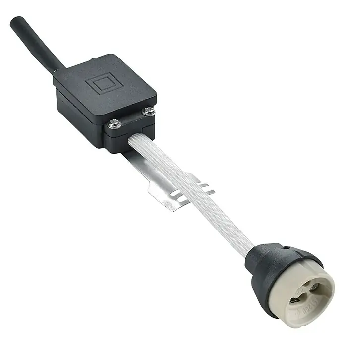 Trio Lighting Foco empotrable Jura - 15 W, GU10, Bronce - Vista del producto de una conexión de lámpara con caja de distribución negra y cable textil para una fácil conexión.