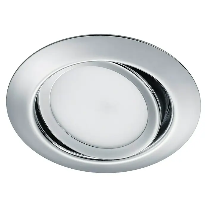 Trio Lighting Foco LED empotrable Rila - 5 W, Color de luz: Blanco cálido, Diámetro: 8,2 cm, Cromo - Primer plano de una lámpara de techo redonda espejada con un diseño elegante y moderno y una superficie blanca lisa.
