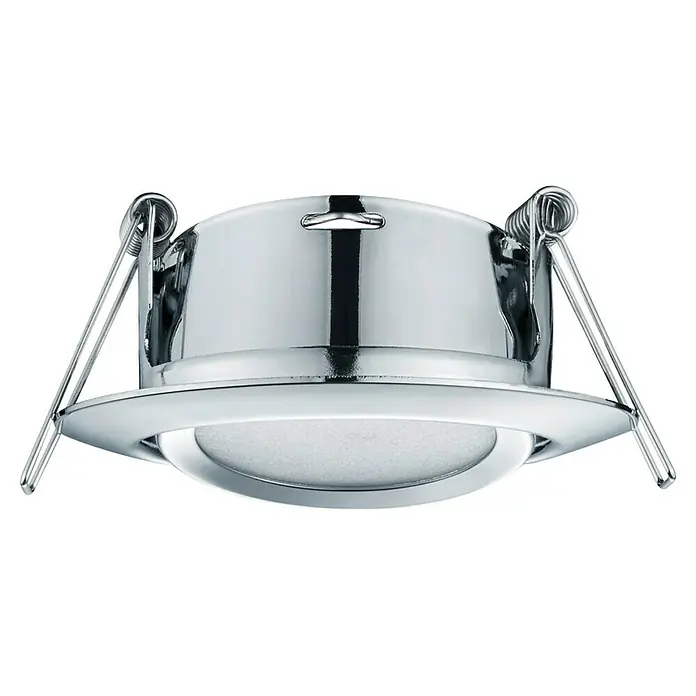 Trio Lighting Foco LED empotrable Rila - 5 W, Color de luz: Blanco cálido, Diámetro: 8,2 cm, Cromo - Primer plano de un foco empotrable con marco cromado y mecanismo de resorte para la instalación en el techo.